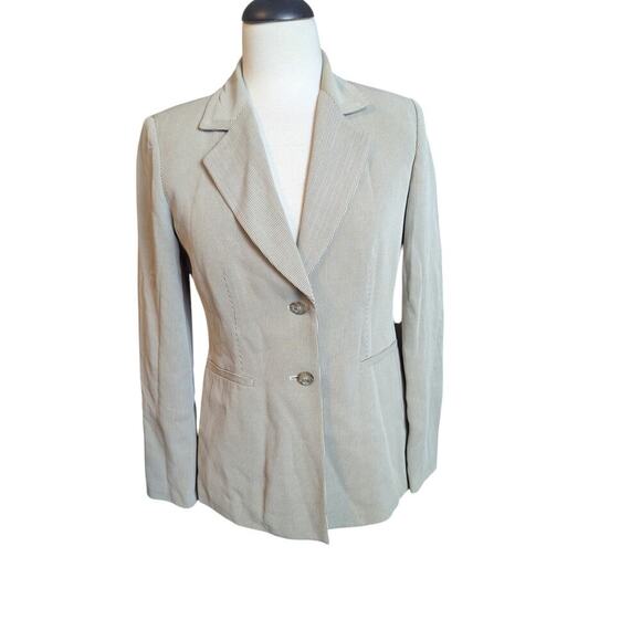 Talbots Women's 2 Petite Blazer Tan & Cream Striped Lined Double Button - Picture 1 of 8